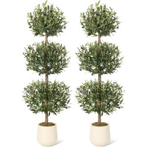 5FT Artificial Olive Triple Ball Topiary Trees with Moss & Inner Pot, Outdoor Indoor Realistic Fake Shrubs Trees, Faux Plants Round Bushes Fake Shrubs Potted for Home Offices Porch Decor Set of 2