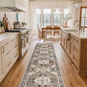 Washable Kitchen Runner Rug - 2x10 Hallway Rug Distressed Mats Non-Slip Soft Room Floor Carpet for Dining Room (Beige/Blue/Grey, 2 x 10)