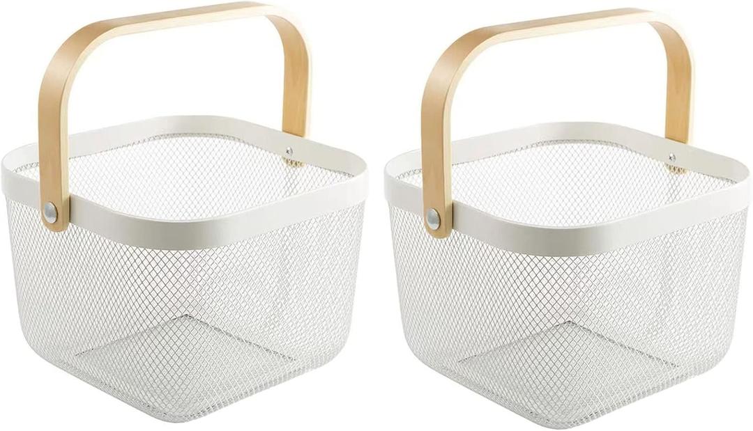 2 Pack Metal Mesh Steel Basket, Storage Organizer Basket Multi-function Hanging Kitchen Baskets Fruit Basket Bin with Wood Handle for Kitchen Bathroom Picnic Cabinet Home Decor, White