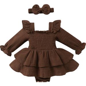 YOUNGER TREE Baby Girl Fall Clothes Infant Long Sleeve Ruffle Romper Dress with Headband Cute Toddler Winter Outfits (18-24 Months, Brown)