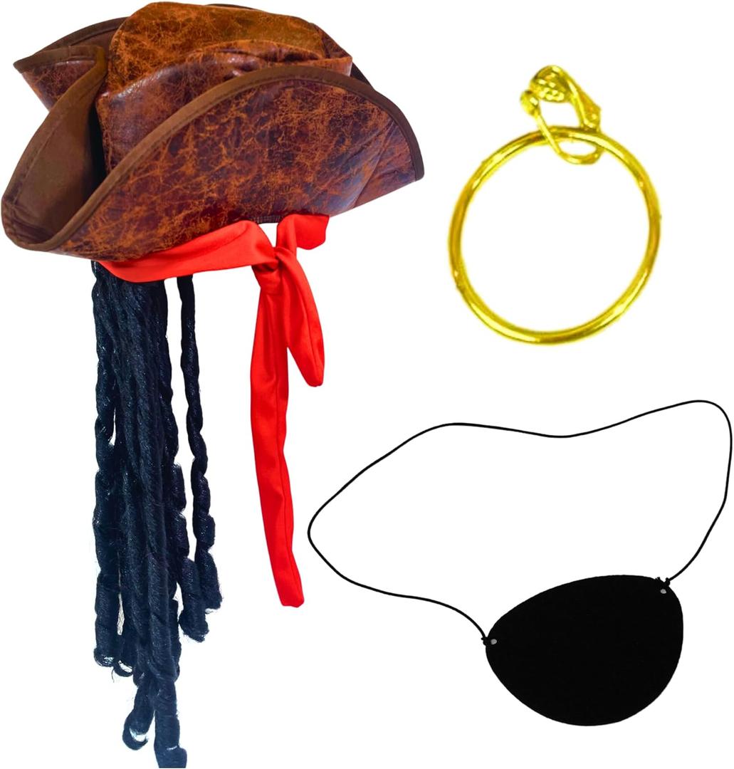 4E's Novelty 3 Pcs Set Pirate Hat with Dreadlocks Eyepatch - Brown Tricorn Pirate Hat with Attached Hair & Bandana - Caribbean Halloween Pirate Costume Accessories for Men Women & Kids Dress Up