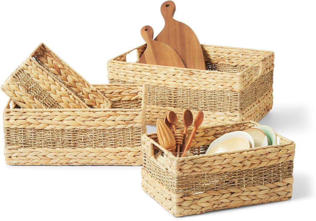 Artera Large Wicker Storage Basket - Set of 4 Woven Water Hyacinth Baskets with Handle, Large Rectangular Natural Nesting Storage Bins for Bedroom, Bathroom, Laundry Room or Kitchen (Style 1)