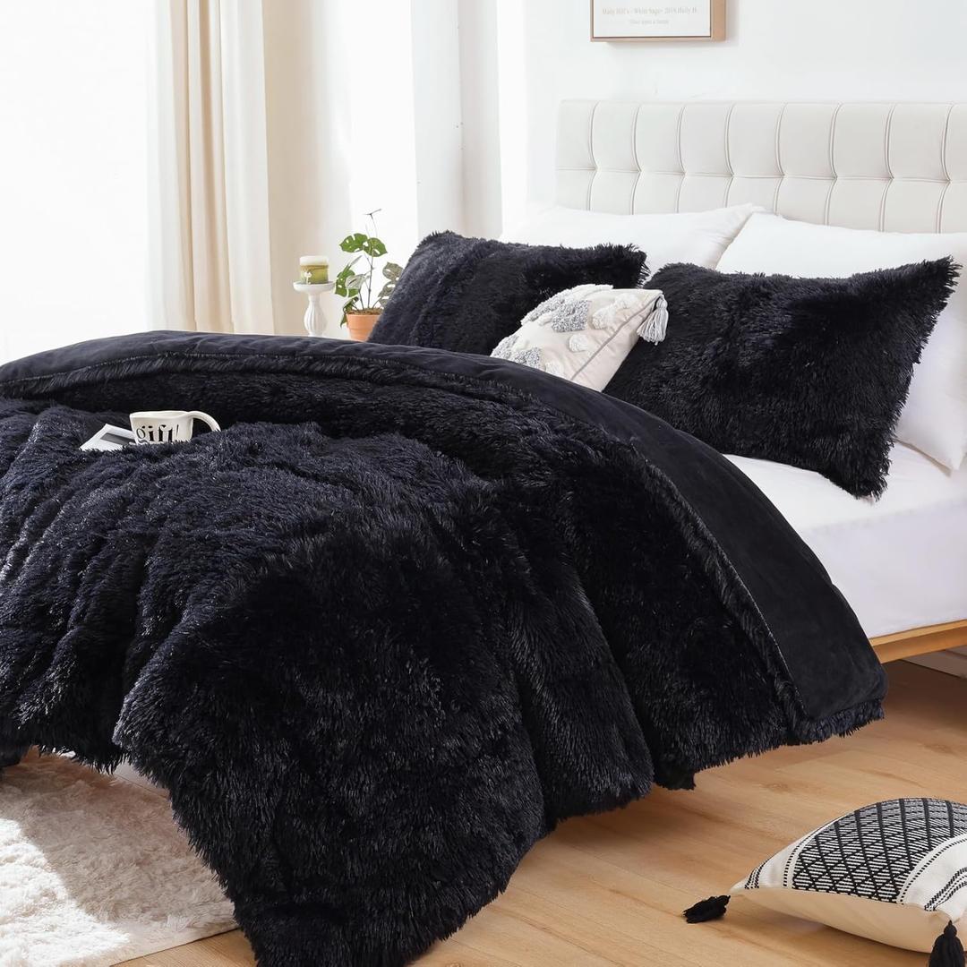 Smoofy Fluffy Queen Comforter Set, Faux Fur Black Comforter Set Queen Size, Luxury Fuzzy Bedding Set, Soft Shaggy Bed Set for All Season, 3 Pieces - 1 Comforter & 2 Pillowcases