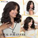 FAVE 14 Inches Brown Wavy Bob Wig Synthetic Curtain Bangs Wig for Women Heat-Resistant Bob Wig for Daily UseDark Brown,190g