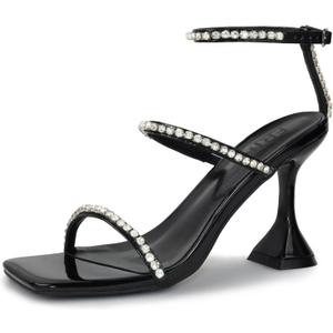 Women's Rhinestone Sandals Lace Up Slingback Square Open Toe Heels Sparkling Sandals with Stiletto Buckle Strap for Dress Party Prom Wedding High Heeled Shoes