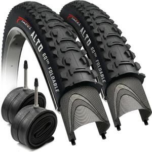 Fincci XC Knobby 26 inch Bike Tires with 2X 26 inch Bike Tube 50-559 - Pair 26x1.95 Bike Tire - Foldable Mountain Tires with Kevlar - 26" Wheelset for Electric, Folding, Enduro, Offroad, Hybrid Bikes