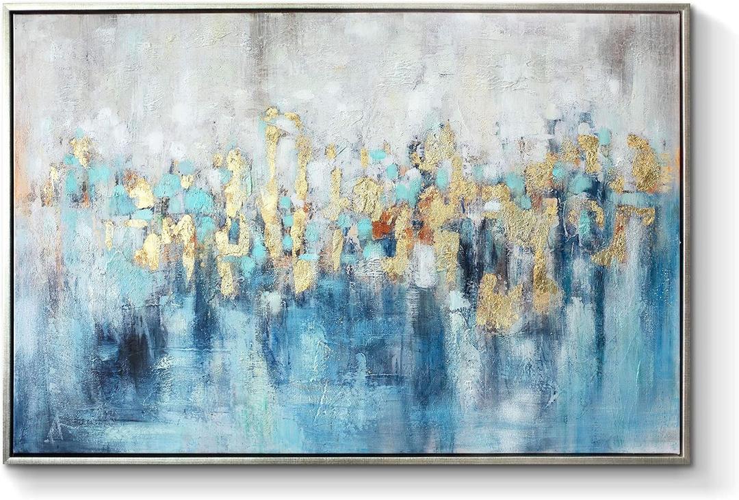 Abstract Blue Canvas Wall Art: Framed Picture Gold Foil Artwork Hand Painted Painting for Living Room (45"L x 30"W)