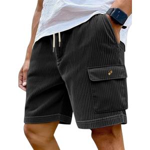 Mens Cargo Shorts Casual Drawstring Elastic Waist Corduroy Summer Beach Shorts with Pockets (Black, S)