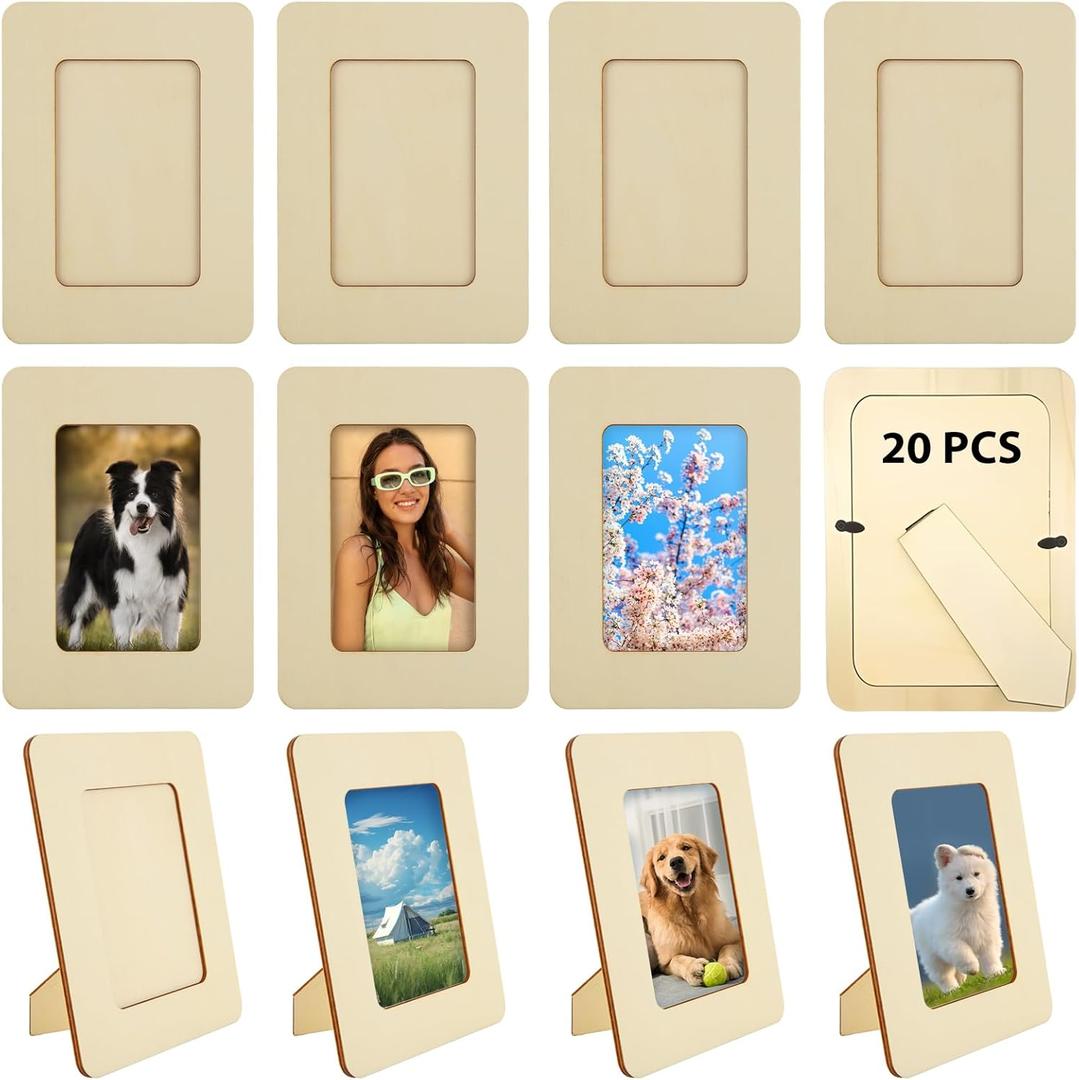 20 PCS Wooden Picture Frames for Crafts DIY Wood Picture Frames Unfinished Solid Wood Photo Picture Frames for 4 x 6 In Photos Standing Wooden Photo Frames for DIY Crafts Painting Arts Projects