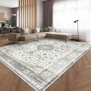 HOMFINE Machine Washable Rug 9'x12' - Vintage Design Area Rugs with Non Slip Rugs for Living Room Bedroom Floral Print Rug Carpet Stain Resistant, Home Decor Office Area Rug, Beige Green
