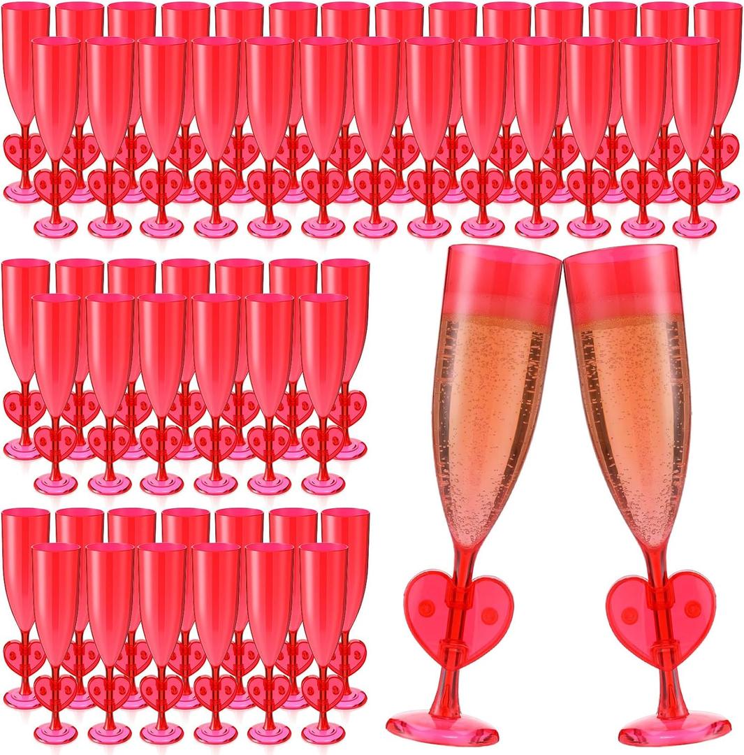 24 Pcs Valentine's Day Heart Plastic Champagne Flutes, 6 oz Clear Red Flute with Heart Stand Romantic Acrylic Stemmed Glasses for Valentine's Day Weddings Anniversary Party Supplies Decor