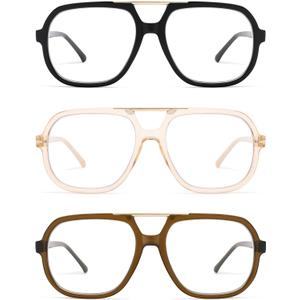 AMOMOMA Trendy Square Reading Glasses for Women, Oversized Blue Light Womens Computer Readers Black Retro Frame AM6138 (P1 Black+champagne+olive Green)