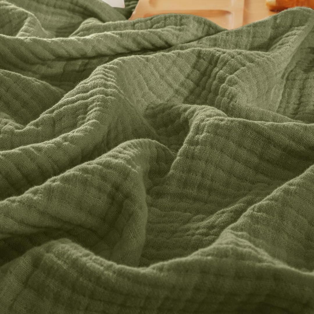 PHF 100% Cotton Muslin Throw Blanket 50" x 60", 4-Layer Lightweight Gauze Throw, Breathable Cloud-Soft Minimalist Blanket for Bed, Couch, Camping & Baby, Olive Green, Ideal Gift