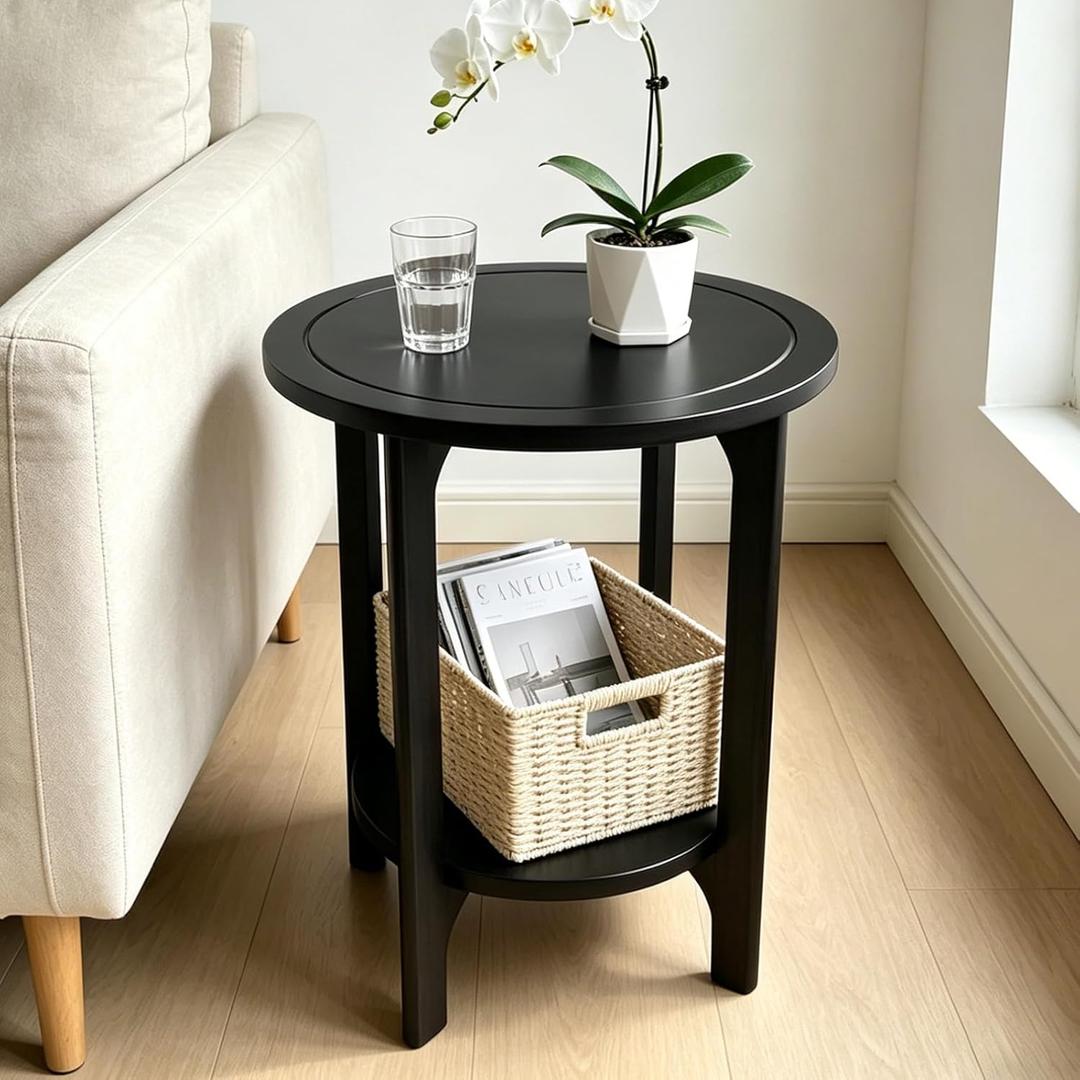 Small Round Side Table, 2-Tier Solid Wood End Table, Mid Century Modern Nightstand for Living Room, Bedroom, Easy Assembly (Black), 17"W x 22"H
