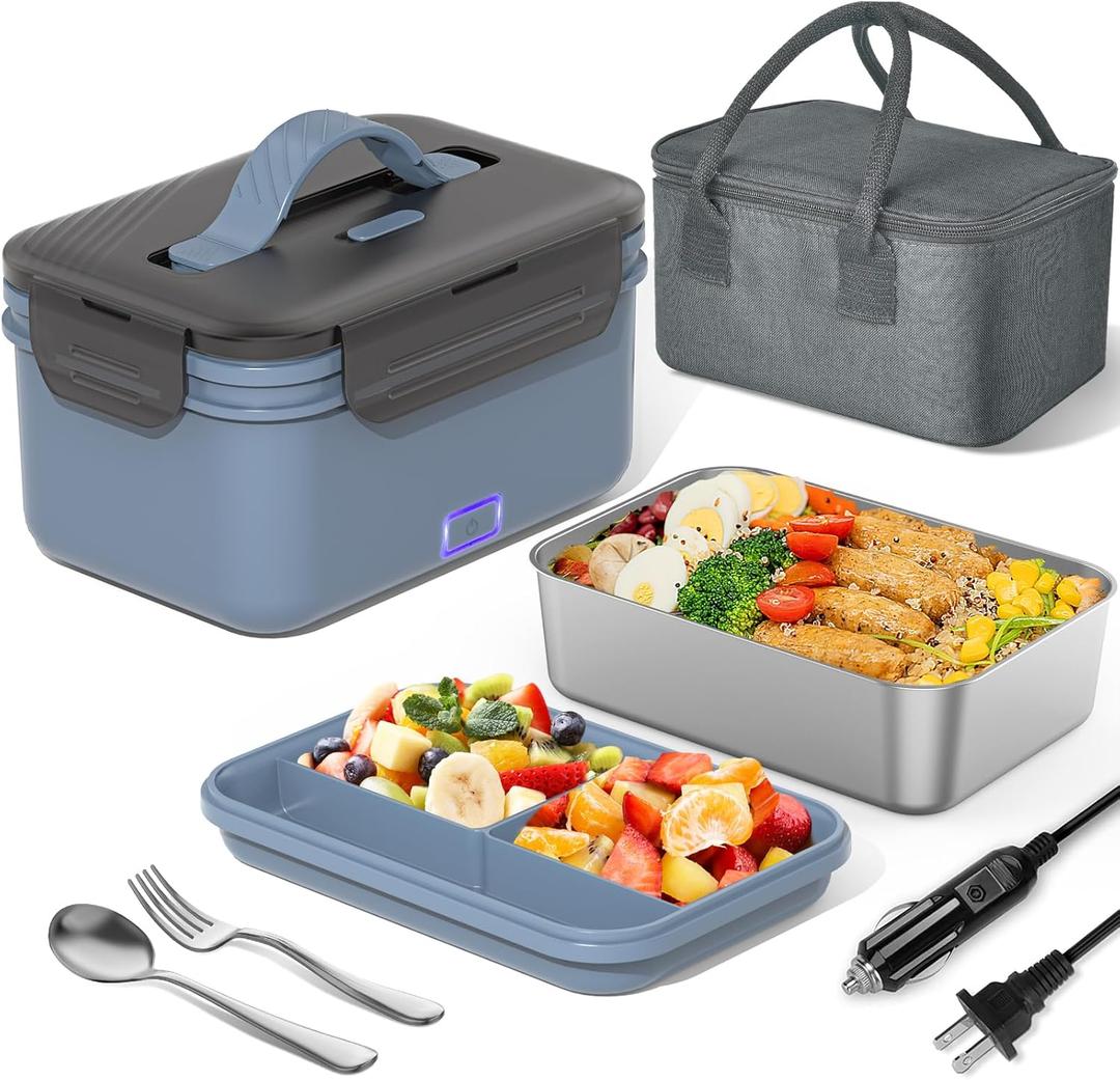 Electric Lunch Box Food Heater 100W, 4 in 1 Ultra Quick Heated Lunch Boxes for Adults 12V/24V/110V/220V Portable Food Warmer for Car/Truck/Office With Fork Spoon and Insulated Carry Bag (Moon Blue)
