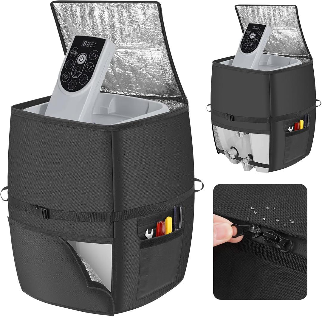 Hot Tub Spa Heater Pump Cover,Waterproof 600D Oxford Fabric Aluminum Film Insulated Cover,Inflatable Hot Tub Spa Heater Pump,Easy Installation with Zipper and Adhesive Straps, Black, Square