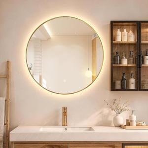 Niccy Round LED Bathroom Mirrors, Gold Framed Backlit Vanity Mirror, 28"