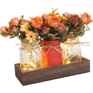 Mason Jar Table Centerpiece Decor with Lights, Wood Tray & 3 Artificial Flowers - Farmhouse Table Decor for Dining Room, Living Room, Kitchen, Coffee Table