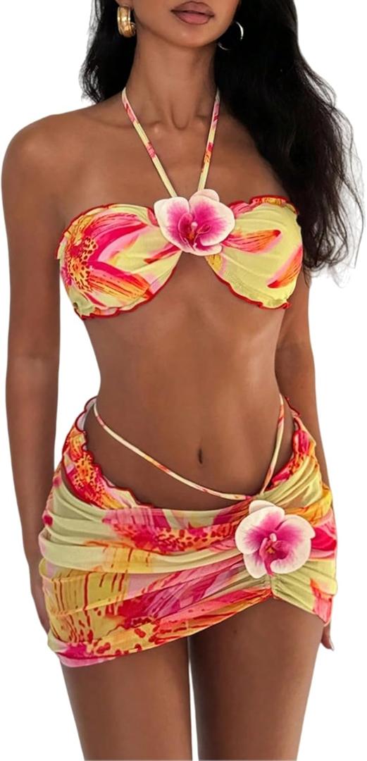 Women's Floral Bikini Set Tropical Halter 3 Piece Wrap Mini Skirt Beachwear Sexy Summer Vacation Outfit Swimwear (S)