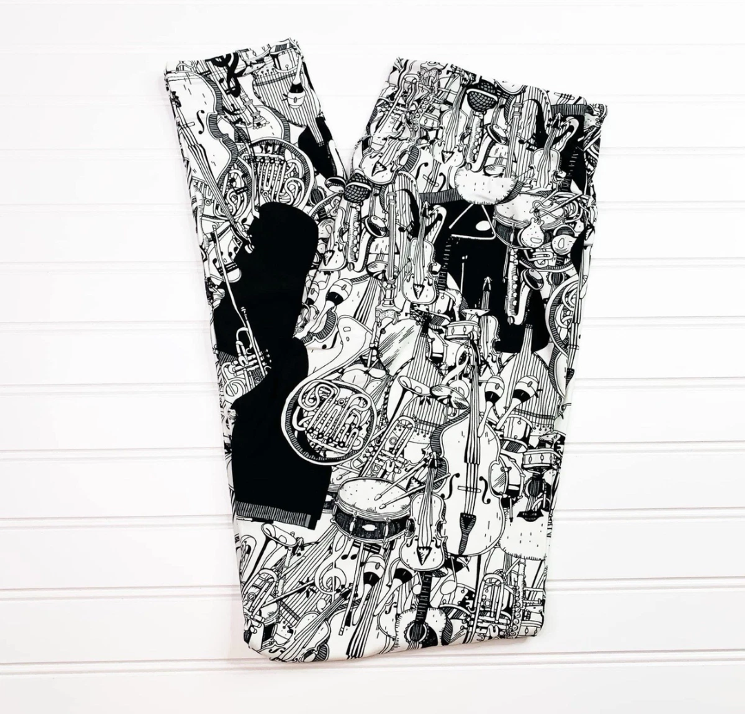 TC LuLaRoe Leggings - Black With White Musical Instruments, Pack Of 3