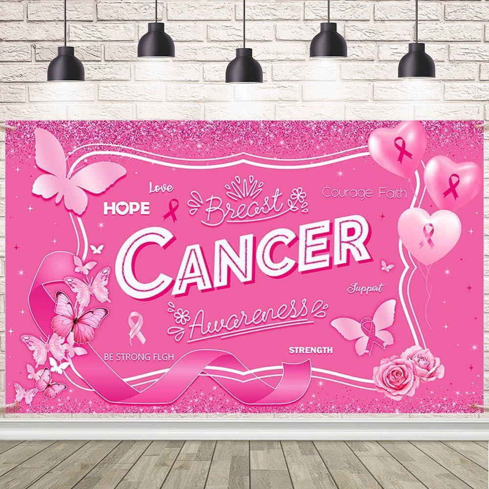 7x5ft Breast Cancer Awareness Banner Backdrop October Breast Cancer Month Decorations Pink Ribbon Party Banner Butterfly Love Hope Faith Strength Party Charity Activities Fundraising