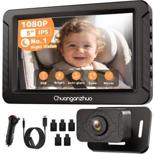 S100C Baby Car Camera USB Powered, Crystal Clear Auto IR Night Vision in Total Dark, Adjust Brightness & 1080P 5" IPS Monitor, 3X Zoom & 360 Rotating Backseat Camera for Rear or Forward-Facing
