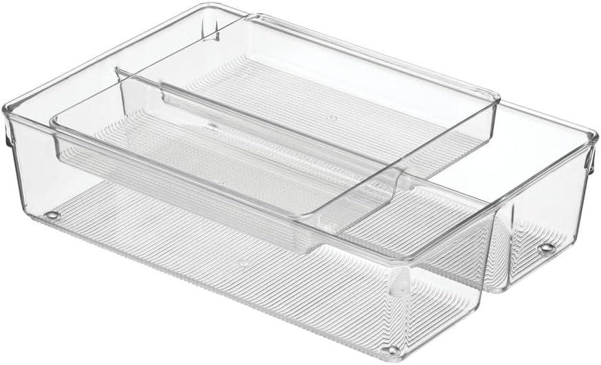 mDesign Plastic Stackable Kitchen Storage Drawer Organizer Bin with 2-Tier Tray for Cabinet, Pantry, Drawer, Refrigerator, Freezer - Hold Utensils, Flatware, Appliances - Ligne Collection - Clear (12 x 8 x 3 (Pack of 1) - 2-4 Compartments)