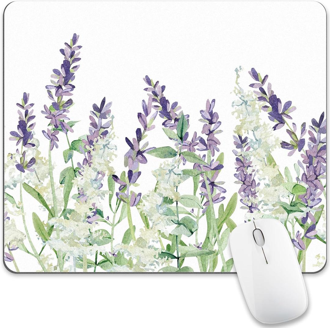 Floral Flower Mouse Pad Purple White Green Plant Leaf Women Mousepad Nature Aesthetic Pretty Desk Computer Gaming Office Cute Non-Slip Wireless Mat Washable Decor Accessories Pattern Laptop Travel