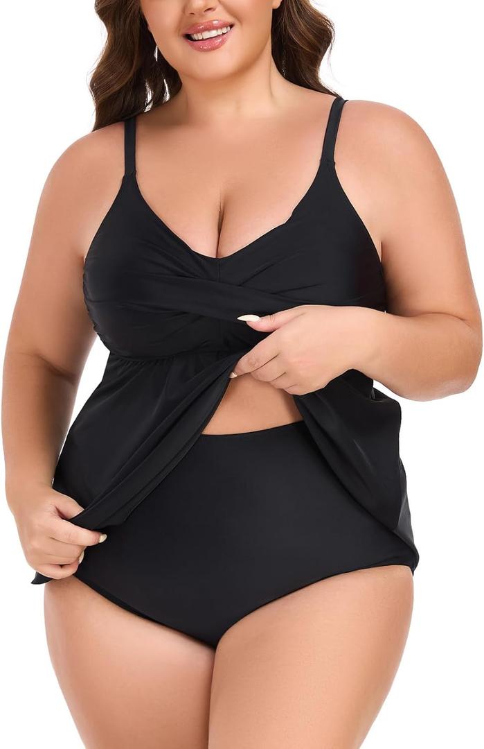 RELLECIGA Women's Tummy Control Tankini Set Swimsuits V Neck Two Piece Bathing Suits Full Coverage Swim Tank with Molded Cups (S)