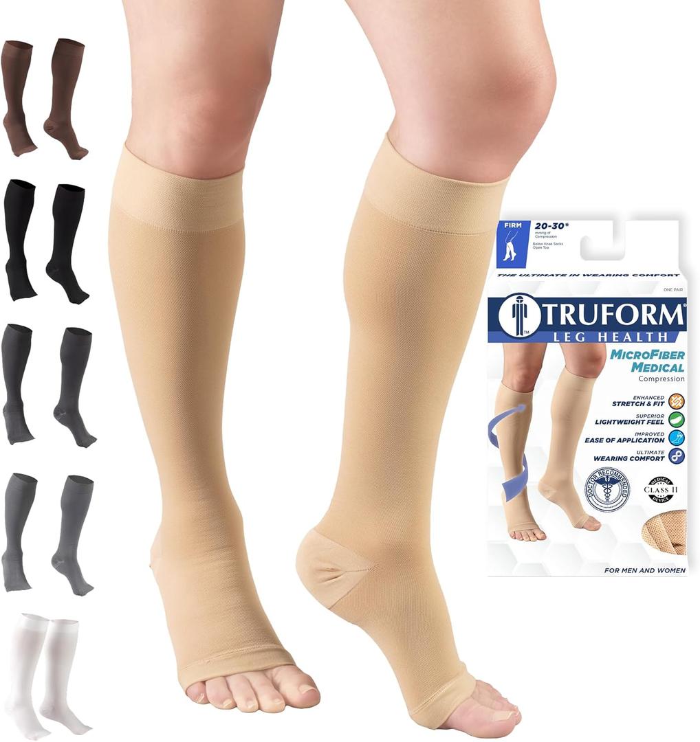 Truform 20-30 mmHg Compression Stockings for Men and Women, Knee High Length, Open Toe, Beige, Medium