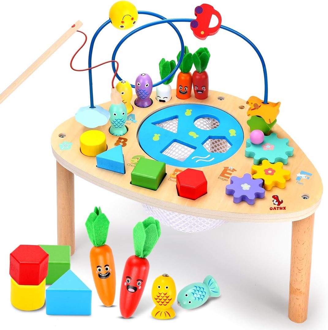 oathx Activity Table for 1+ Year Old, 6 in 1 Wooden Montessori Activity Center Play Table with Bead Maze Shape Sorter Fishing Game, Kids Sensory Educational Toddler Learning Toys 1st Birthday Gifts (Triangle)