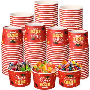 Nuanchu 100 Pack 9 oz Graduation Ice Cream Cups, Congrats Grad Disposable Dessert Bowls, Class 2026 Paper Snack Soup Cups for Hot or Cold Food Graduate Party Supplies(Class 2026,Grad Red)