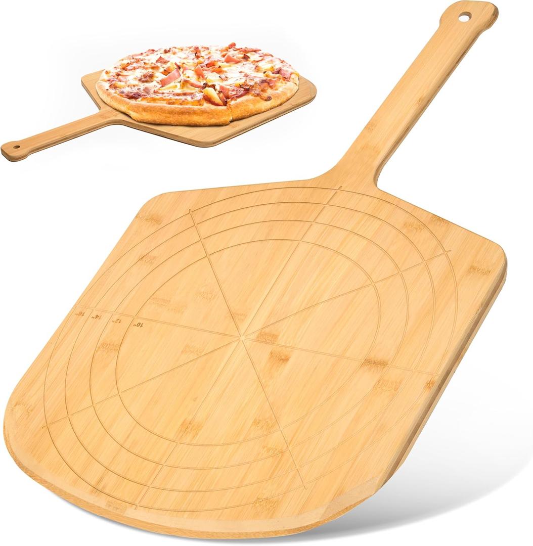 Loftern 16 Inch Wooden Pizza Board with Engraved Sizes - Multifunctional Bamboo Pizza Cutting Board, Wooden Pizza Shovel, Pizza Peel and Serving Board with Size Guide and