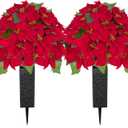 Christmas Cemetery Flowers for Grave: 2 Pcs Artificial 24 Heads Large Red Velvet Poinsettia Bouquets with Vases for Outdoor Grave Decorations