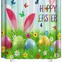 4 Pcs Easter Shower Curtain Set with Non-Slip Rugs, Toilet Lid Cover and Bath Mat, Cute Rabbit Ear Colorful Easter Eggs Shower Curtains with 12 Hooks (Green)