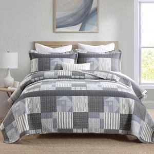 Homzard Grey Comforter Set,Cotton Plaid Striped Quilts Queen Size for The Bed,Reversible Geometric Queen Size Bedspread with 2 Pillow Shams,Lightweight 3 Piece Bedding All Season (Queen (90"x98"), 04-1 Gray)