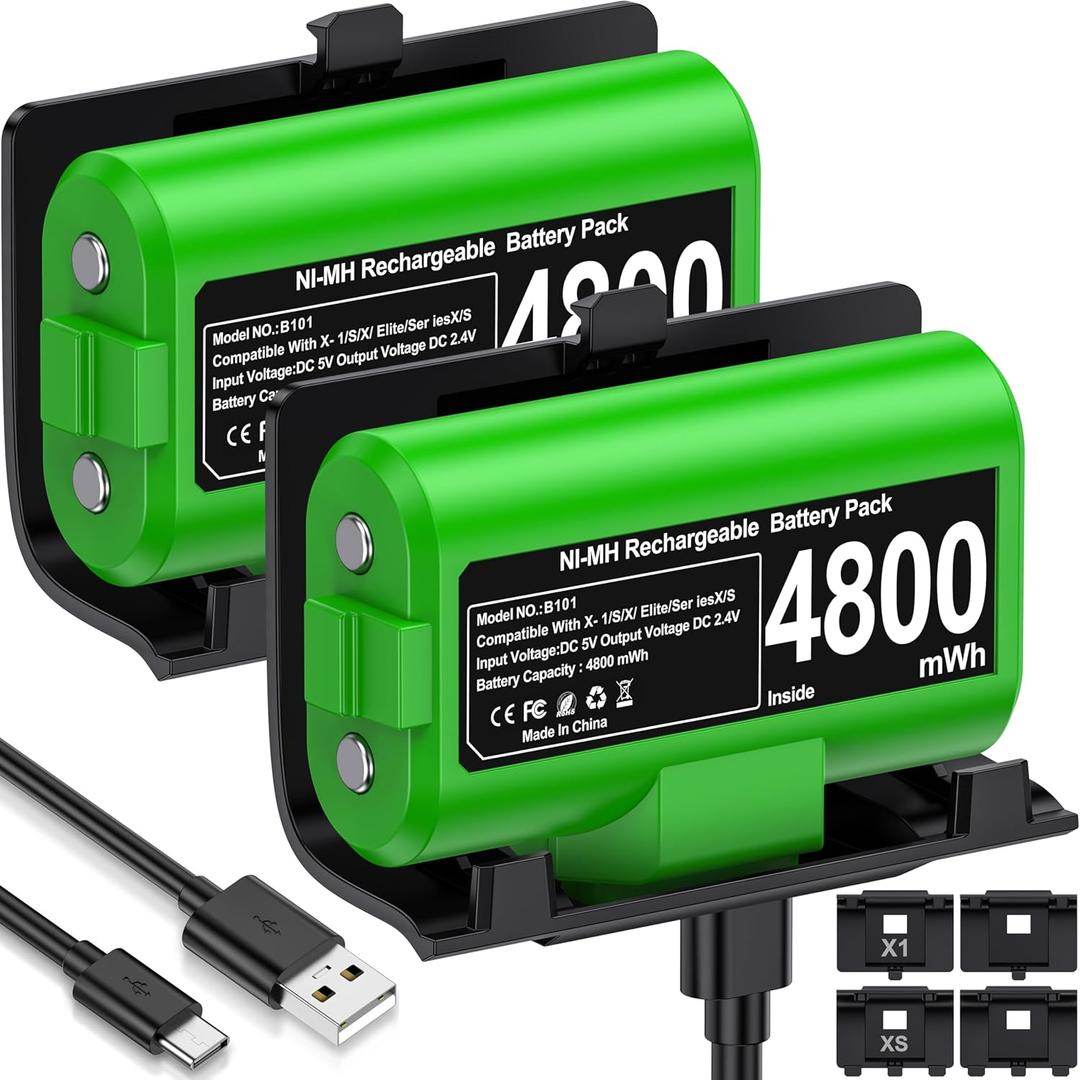 Rechargeable Xbox One Controller Battery Pack with 4 Back Covers: USB C Charging Cable 2 x 4800mWh Xbox Controller Battery Play and Charger Kit for Xbox Series X S Skin (Green)