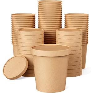 JOLLY PARTY 50pack 16oz Paper Soup Containers with Lids, Disposable Paper Food Cups, Ice Cream Cups, Food Storage with Lids, Microwavable and freezer safe, Suitable for Christmas Thanksgiving (Brown)