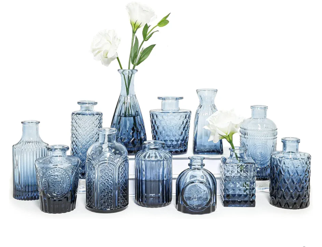 SUPMIND Glass Bud Vase Set of 12, Small Blue Flower Vases for Centerpieces in Bulk, Mini Vintage Vase for Wedding, Home,Table Decoration