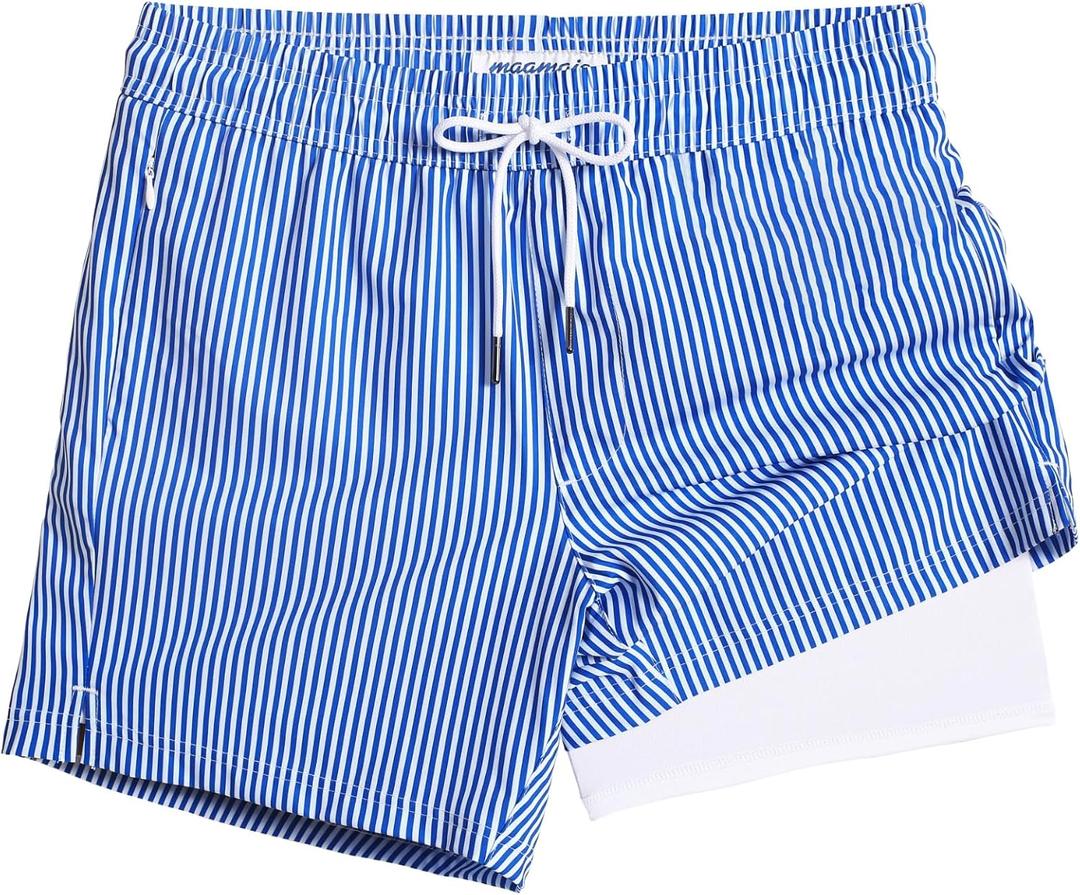 maamgic Mens Swim Trunks with Compression Liner 5" Stretch Beach Shorts Quick Dry with Zipper Pockets No-Chafing Board Shorts (Medium, Dark Blue White Stripe)