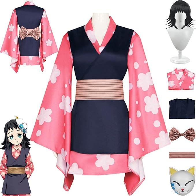 Anime Character Makomo Cosplay Costume Outfit Demon Slayer Uniform Wig Full Set Halloween Party Dress Up Suit, Large 