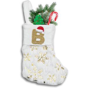6 inches Initial Monogram Christmas Stocking with Embroidered Letters Personalized Small Plush Xmas Hanging Stocking with Sequin Snowflake for Holiday Tree Fireplace Decor (B-Letter, Gold)