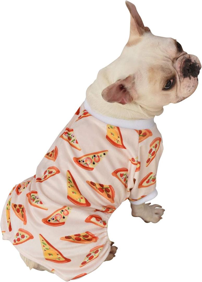 CuteBone Soft & Stretchy Dog Pajamas - Cozy Pet Jammies Breathable Jumpsuit for Small Dogs - All-Season Comfy Outfit Easy-On Pullover Design - Keeps Pets Warm & Comfortable P55S (Pizza) S