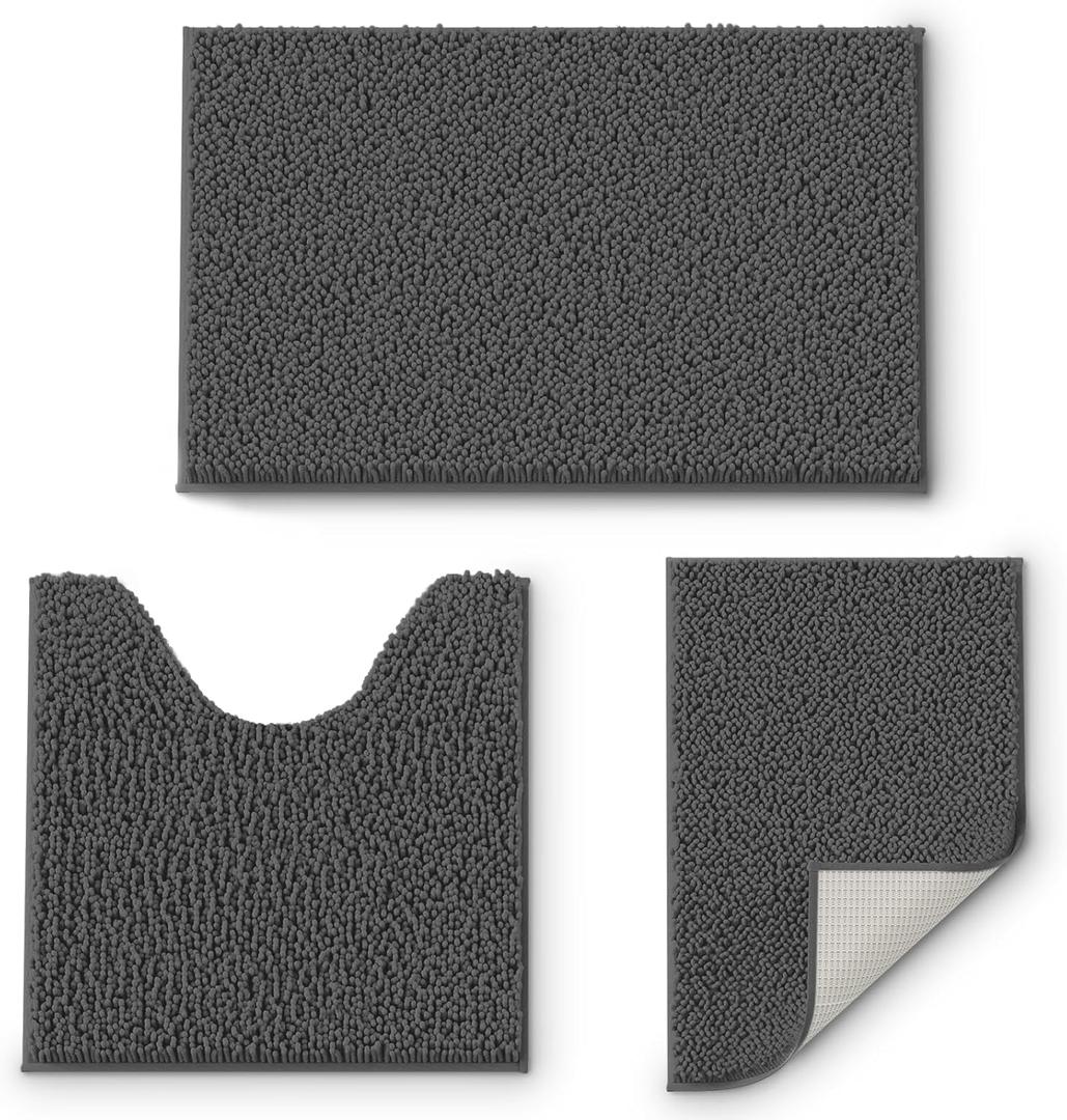 Bathroom Rugs Sets 3 Piece, Extra Soft Absorbent Chenille Bath Rugs, Non Slip PVC Backing Machine Washable Quick Dry Bath Mats for Bathroom Floor, Tub, Shower, Home Decor Accessories, Charcoal Grey (16" x 24" + 20" x 32"+ 20" x 20" U shape)