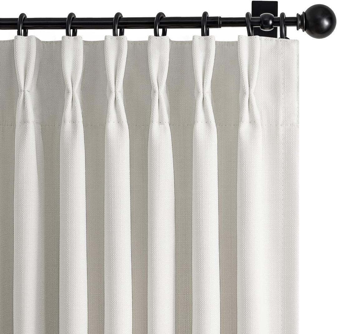 Pinch Pleated Black Out Curtains 84 Inch Long for Living Room, Beige White Thick Linen Memory Trained Boho Bedroom Darkening Curtain 84 Inch Length 2 Panel Set Double Layer Thermal Viral Window Drapes