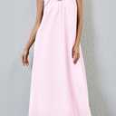 Women's Ruched Scoop Neck Sleeveless Maxi Dress Wide Pleated Strap Midi Dress Solid Loose Long Dresses with Pockets (Pink, M)