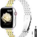 for Apple Watch Band 38mm 40mm 41mm 42mm 44mm 45mm Series 9 8 7 6 5 4 3 2 1 SE SE2 Women and Men,Classic Stainless Steel Metal Watchband for iWatch Bands,Pretty Shiny Look (Shiny Silver Gold-Tri Gold)