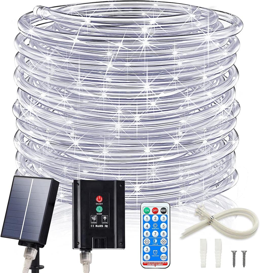 ICRGB 66FT 200LED Solar Rope Lights, Outdoor Waterproof Solar Lights with Remote, IP67 Solar Powered String Light with Timing & 8 Modes for Garden Tree Pathway Yard Pool RV Christmas Decor, White