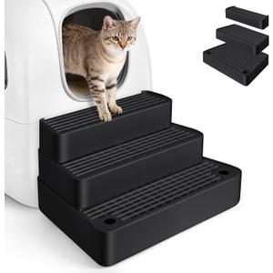 Extra Large 3 Steps Litter Box Ramp, Adjustable Cat Litter Box Step with Filter Function, Easy to Clean Cat Litter Stair Catcher for Elderly Cats and Kitten (Black)