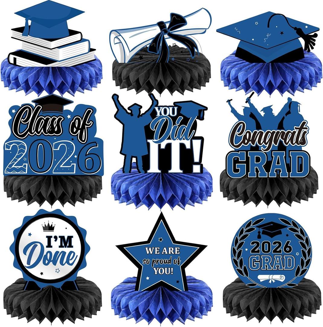 Yisong 9 Pieces 2026 Graduation Party Table Decorations Class of 2026 Congrats Graduation Centerpieces for Tables Congratulate Honeycomb Centerpiece Topper for Grad Party Supplies(Blue)